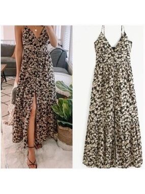 Abercrombie & Fitch Womens XL Linen Blend Tan/Black Floral Midi Dress Ethreal